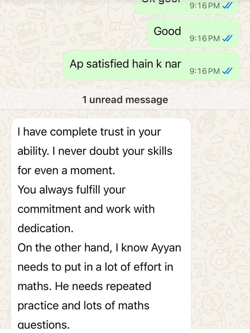 Verified WhatsApp feedback from a Stellar Mind student or parent (screenshot 4)