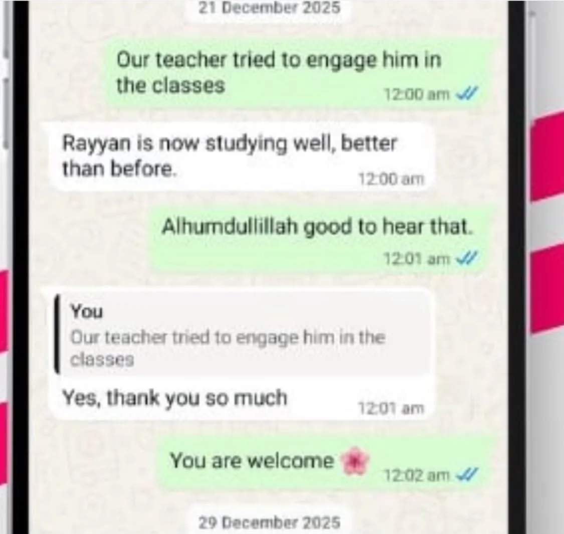 Verified WhatsApp feedback from a Stellar Mind student or parent (screenshot 5)