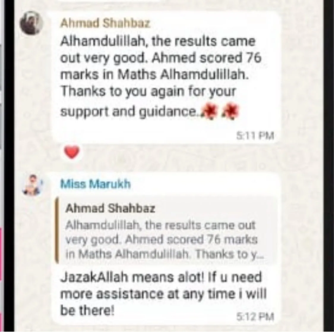 Verified WhatsApp feedback from a Stellar Mind student or parent (screenshot 6)