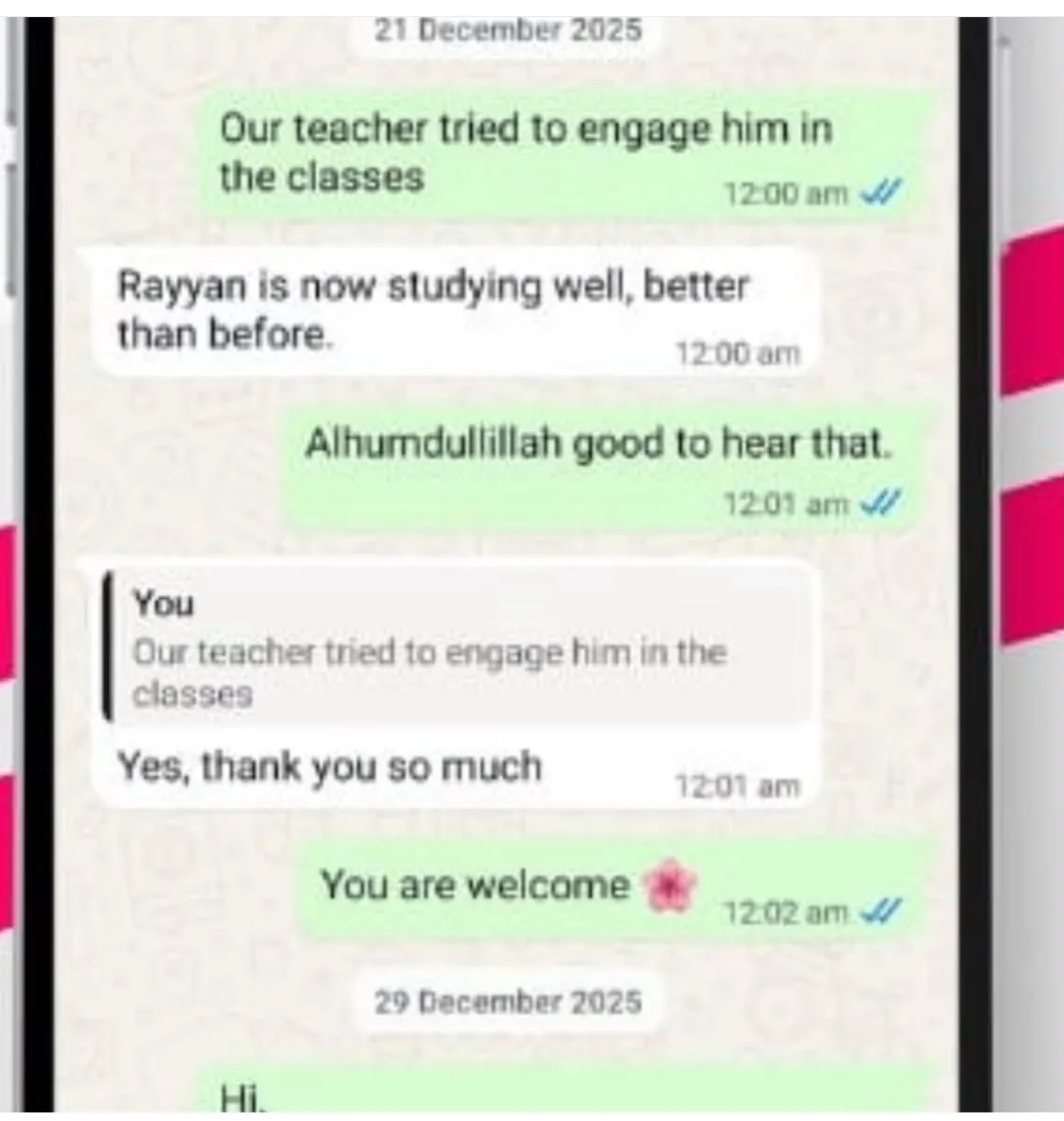 Verified WhatsApp feedback from a Stellar Mind student or parent (screenshot 10)