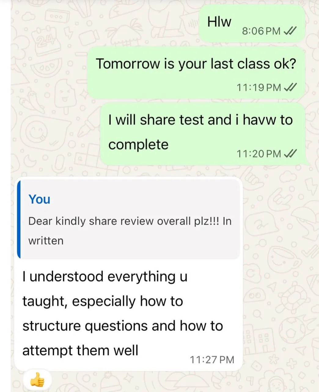 Verified WhatsApp feedback from a Stellar Mind student or parent (screenshot 12)