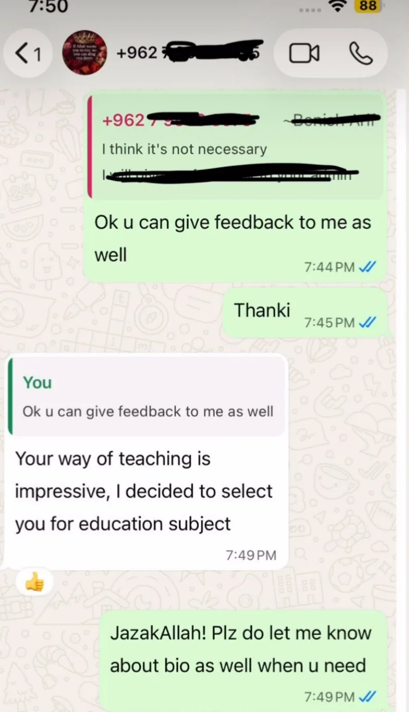 Verified WhatsApp feedback from a Stellar Mind student or parent (screenshot 15)